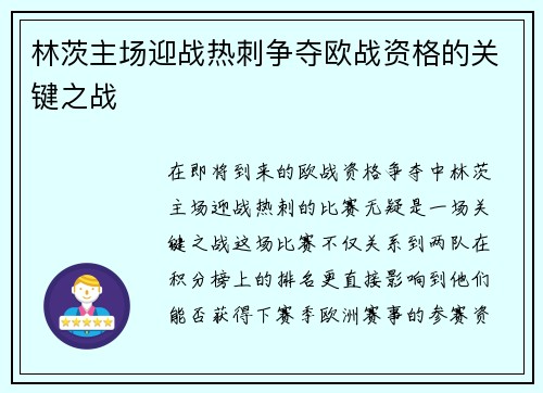 林茨主场迎战热刺争夺欧战资格的关键之战